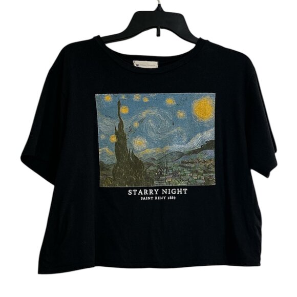french pastry Tops - FRENCH PASTRY Starry Night Vincent Van Gogh Cropped Black Graphic Tee Shirt XL